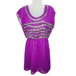 Gianni Bini Purple Sleeveless Gray Beaded Front Detail Elastic Waist Dress L